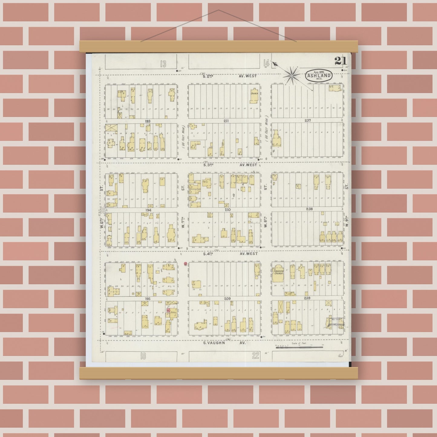Old map wall art mockup — magnetic wood frame on brick wall — Sanborn Fire Insurance Map from Ashland, Ashland County, Wisconsin (1895), Sheet #0021