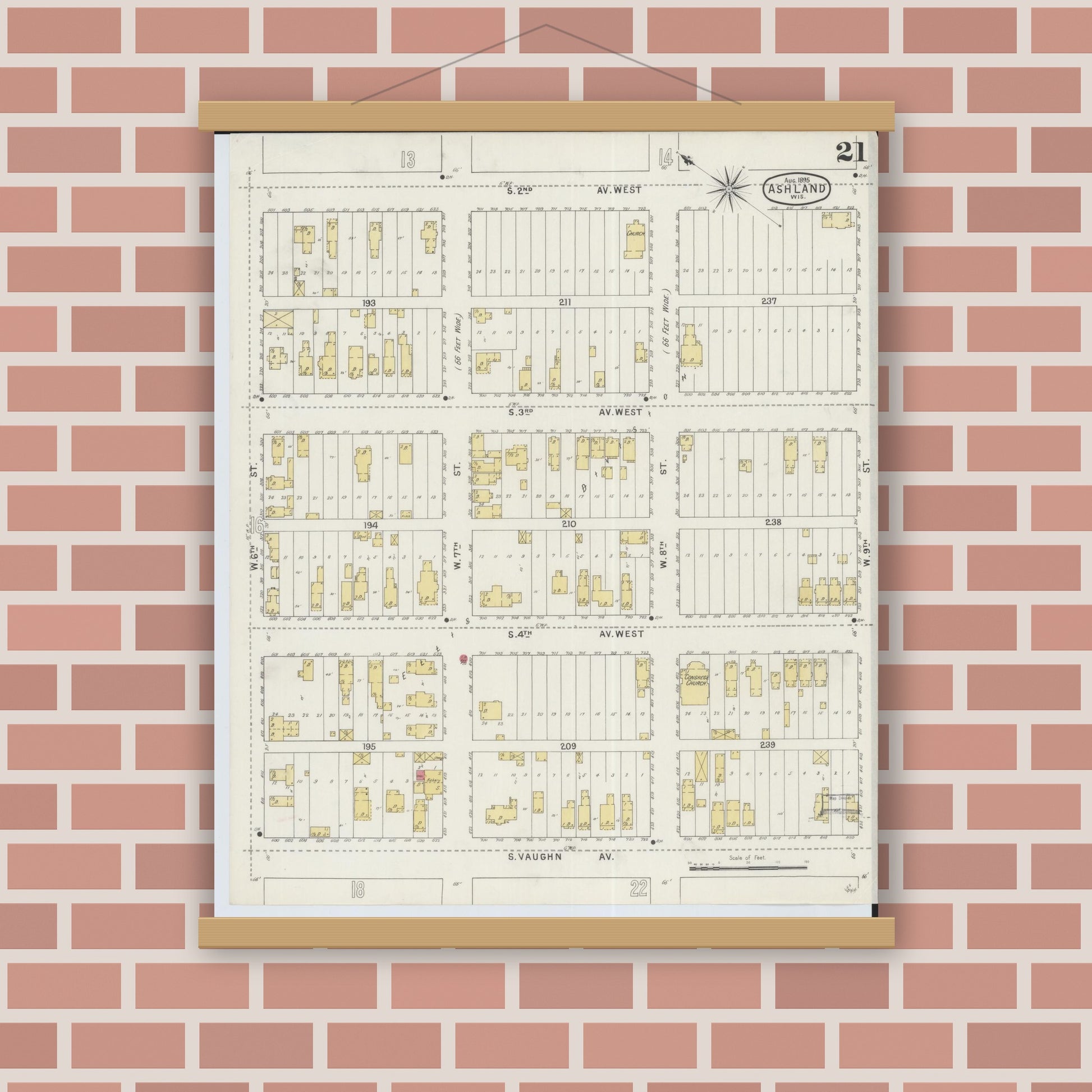Old map wall art mockup — magnetic wood frame on brick wall — Sanborn Fire Insurance Map from Ashland, Ashland County, Wisconsin (1895), Sheet #0021