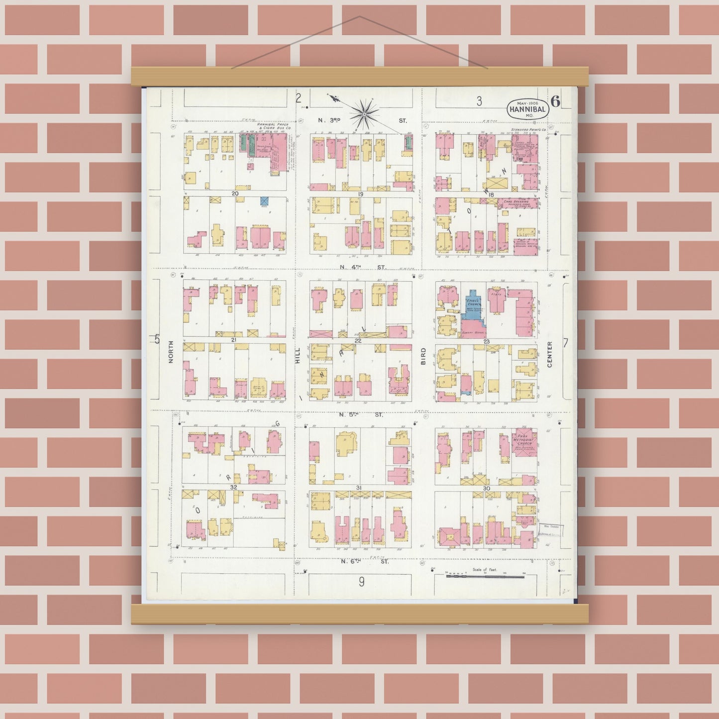 Old map wall art mockup — magnetic wood frame on brick wall — Sanborn Fire Insurance Map from Hannibal, Marion County, Missouri (1906), Sheet #0006
