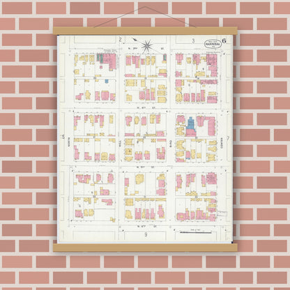 Old map wall art mockup — magnetic wood frame on brick wall — Sanborn Fire Insurance Map from Hannibal, Marion County, Missouri (1906), Sheet #0006