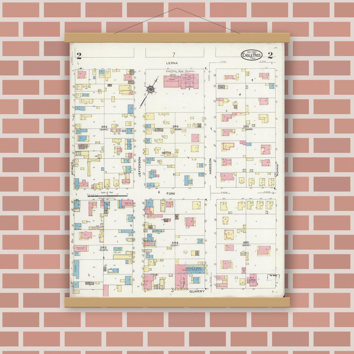 Old map wall art mockup — magnetic wood frame on brick wall — Sanborn Fire Insurance Map from Eagle Pass, Maverick County, Texas (1924), Sheet #0002