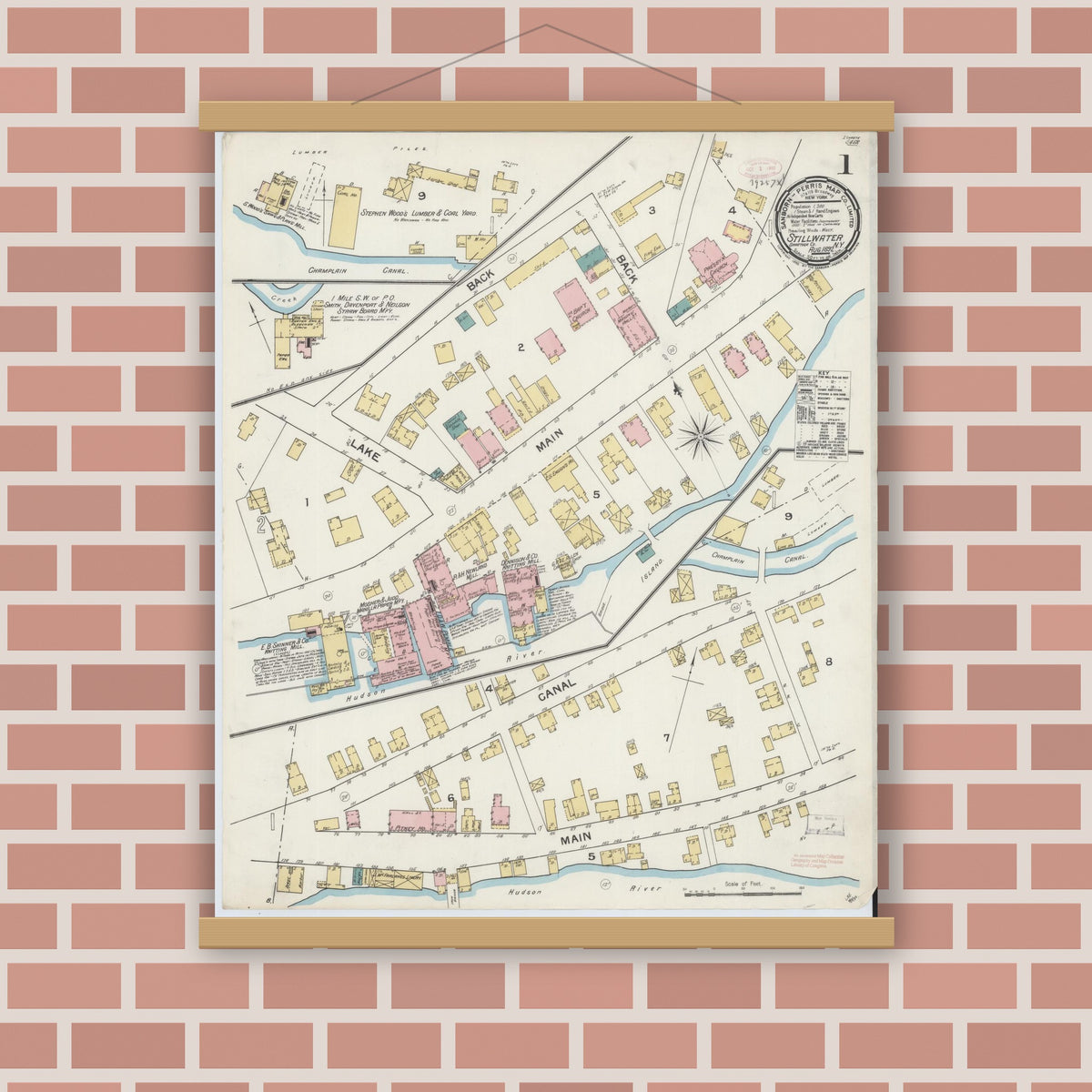 Old map wall art mockup — magnetic wood frame on brick wall — Sanborn Fire Insurance Map from Stillwater, Saratoga County, New York (1892), Sheet #0001