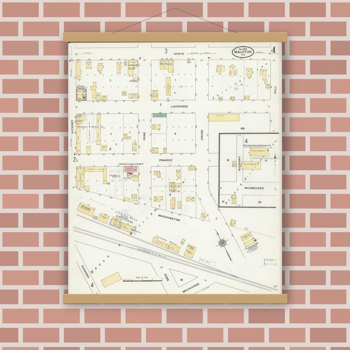 Old map wall art mockup — magnetic wood frame on brick wall — Sanborn Fire Insurance Map from Mauston, Juneau County, Wisconsin (1909), Sheet #0004