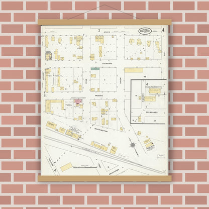 Old map wall art mockup — magnetic wood frame on brick wall — Sanborn Fire Insurance Map from Mauston, Juneau County, Wisconsin (1909), Sheet #0004