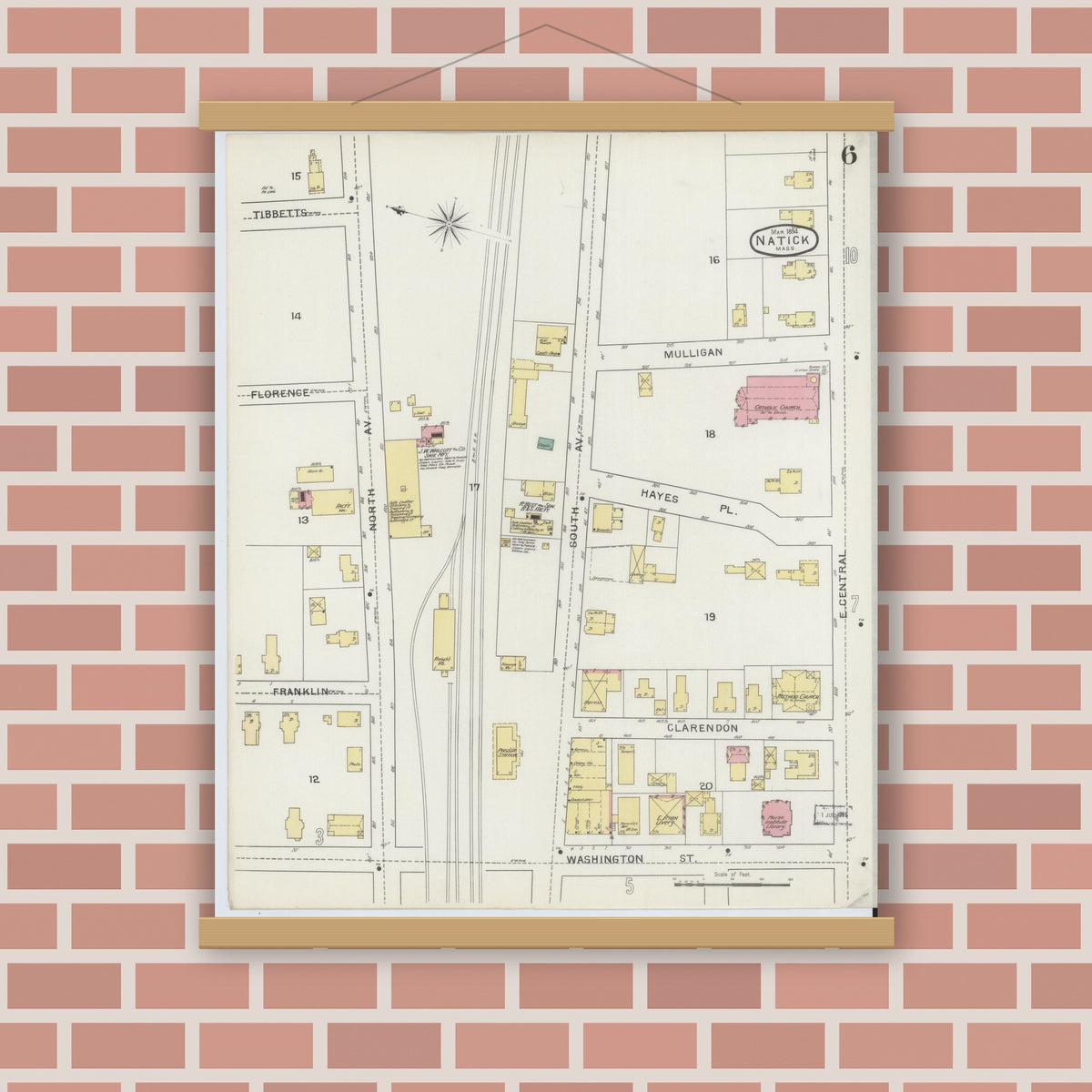 Old map wall art mockup — magnetic wood frame on brick wall — Sanborn Fire Insurance Map from Natick, Middlesex County, Massachusetts (1894), Sheet #0006