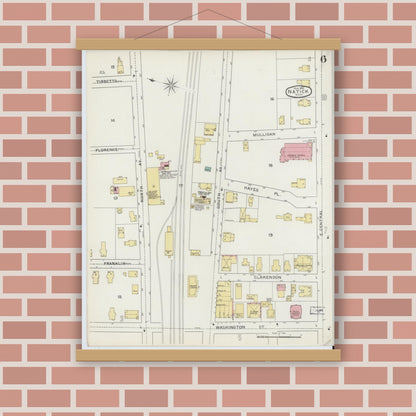 Old map wall art mockup — magnetic wood frame on brick wall — Sanborn Fire Insurance Map from Natick, Middlesex County, Massachusetts (1894), Sheet #0006