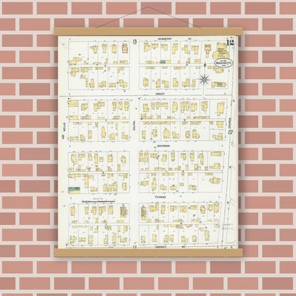 Old map wall art mockup — magnetic wood frame on brick wall — Sanborn Fire Insurance Map from Marinette, Marinette County, Wisconsin (1901), Sheet #0012