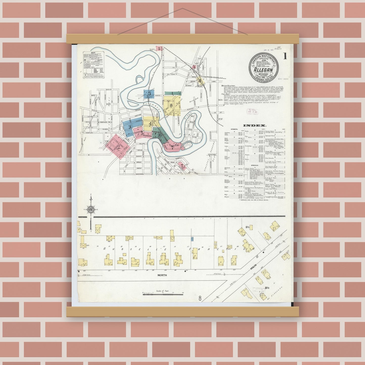 Old map wall art mockup — magnetic wood frame on brick wall — Sanborn Fire Insurance Map from Allegan, Allegan County, Michigan (1911), Sheet #0001