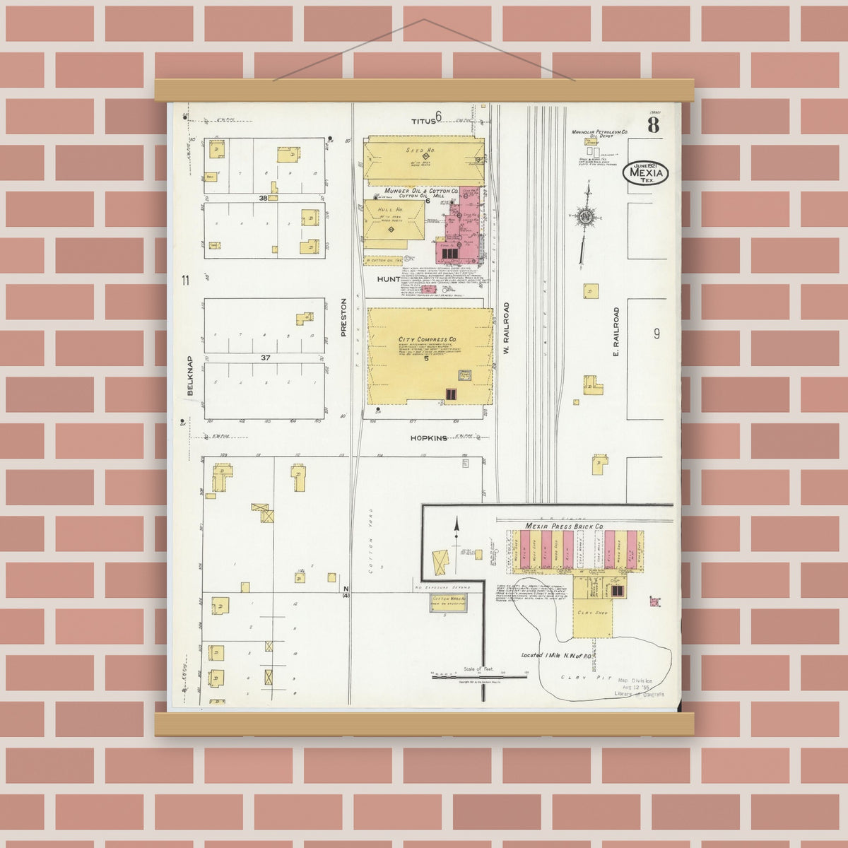 Old map wall art mockup — magnetic wood frame on brick wall — Sanborn Fire Insurance Map from Mexia, Limestone County, Texas (1921), Sheet #0008