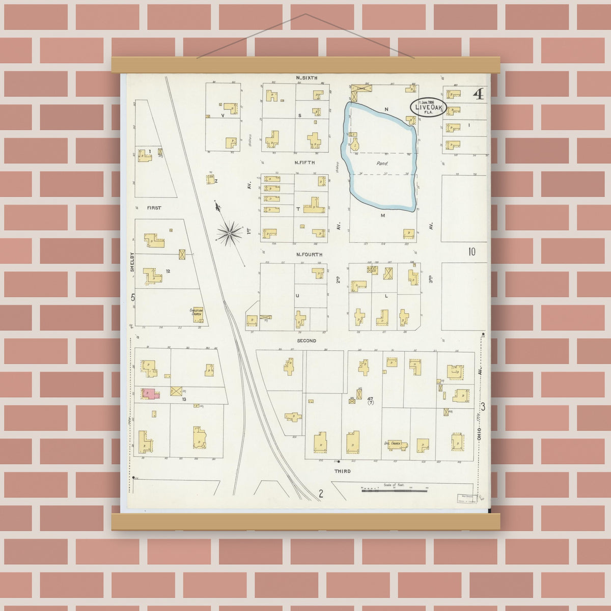 Old map wall art mockup — magnetic wood frame on brick wall — Sanborn Fire Insurance Map from Live Oak, Suwanee County, Florida (1906), Sheet #0004