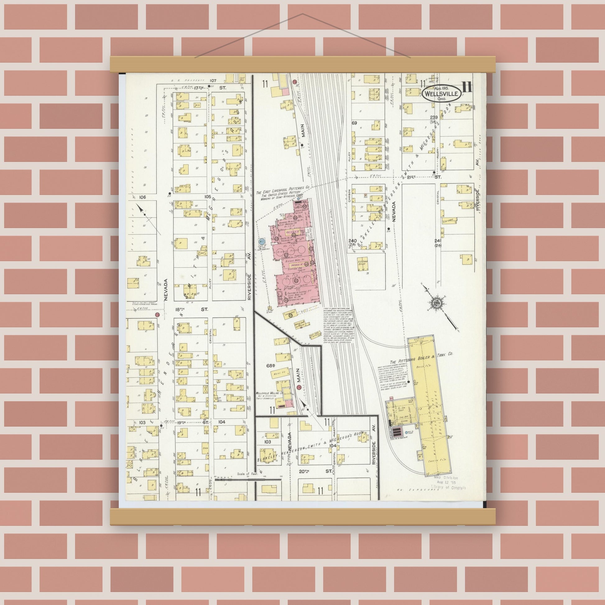 Old map wall art mockup — magnetic wood frame on brick wall — Sanborn Fire Insurance Map from Wellsville, Columbiana County, Ohio (1915), Sheet #0011