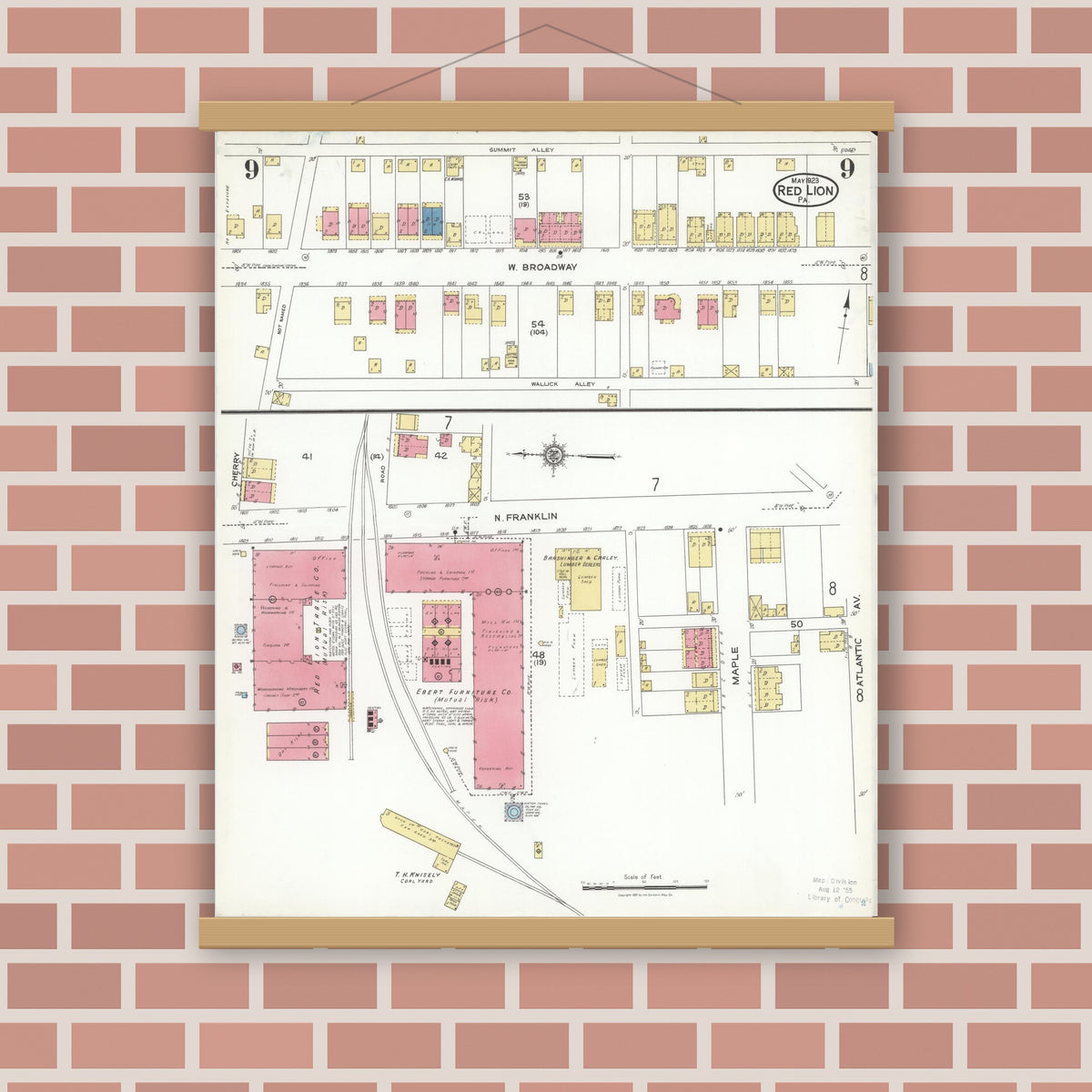 Old map wall art mockup — magnetic wood frame on brick wall — Sanborn Fire Insurance Map from Red Lion, York County, Pennsylvania (1923), Sheet #0009
