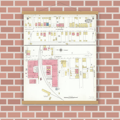 Old map wall art mockup — magnetic wood frame on brick wall — Sanborn Fire Insurance Map from Red Lion, York County, Pennsylvania (1923), Sheet #0009