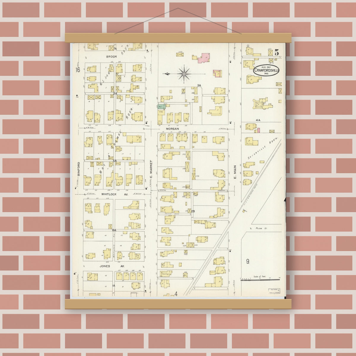 Old map wall art mockup — magnetic wood frame on brick wall — Sanborn Fire Insurance Map from Crawfordsville, Montgomery County, Indiana (1907), Sheet #0005