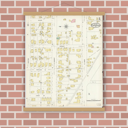 Old map wall art mockup — magnetic wood frame on brick wall — Sanborn Fire Insurance Map from Crawfordsville, Montgomery County, Indiana (1907), Sheet #0005