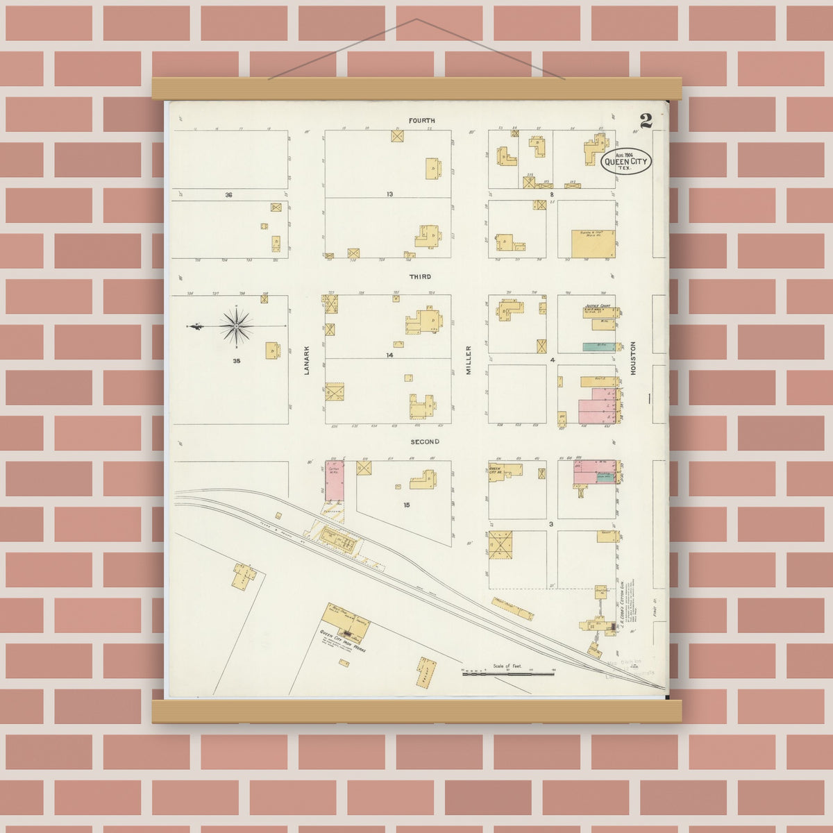 Old map wall art mockup — magnetic wood frame on brick wall — Sanborn Fire Insurance Map from Queen City, Cass County, Texas (1906), Sheet #0002