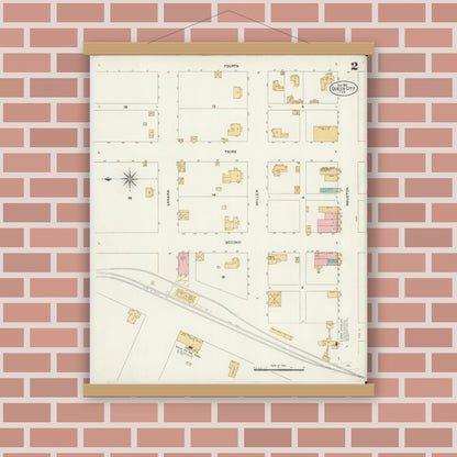 Old map wall art mockup — magnetic wood frame on brick wall — Sanborn Fire Insurance Map from Queen City, Cass County, Texas (1906), Sheet #0002