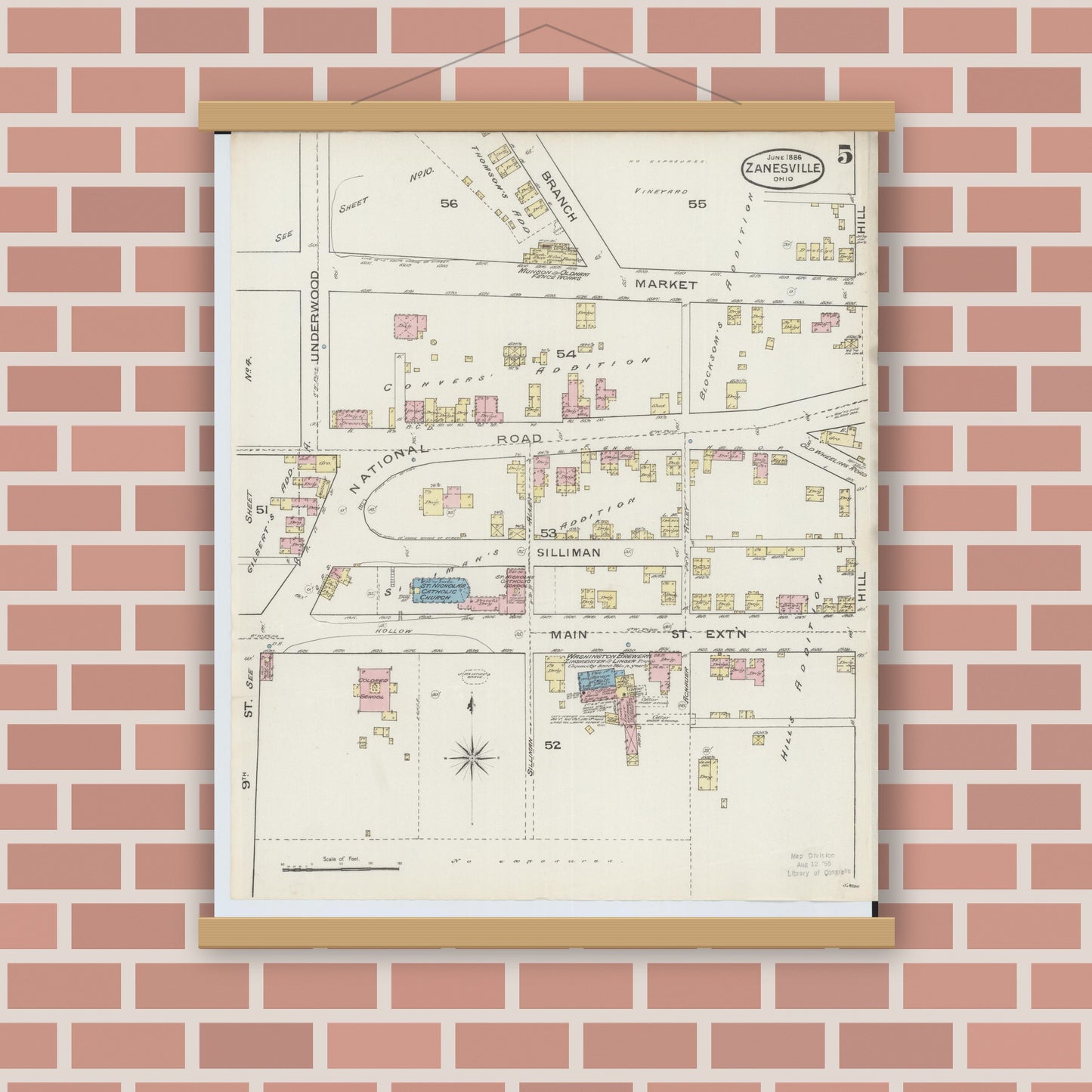 Old map wall art mockup — magnetic wood frame on brick wall — Sanborn Fire Insurance Map from Zanesville, Muskingum County, Ohio (1886), Sheet #0005