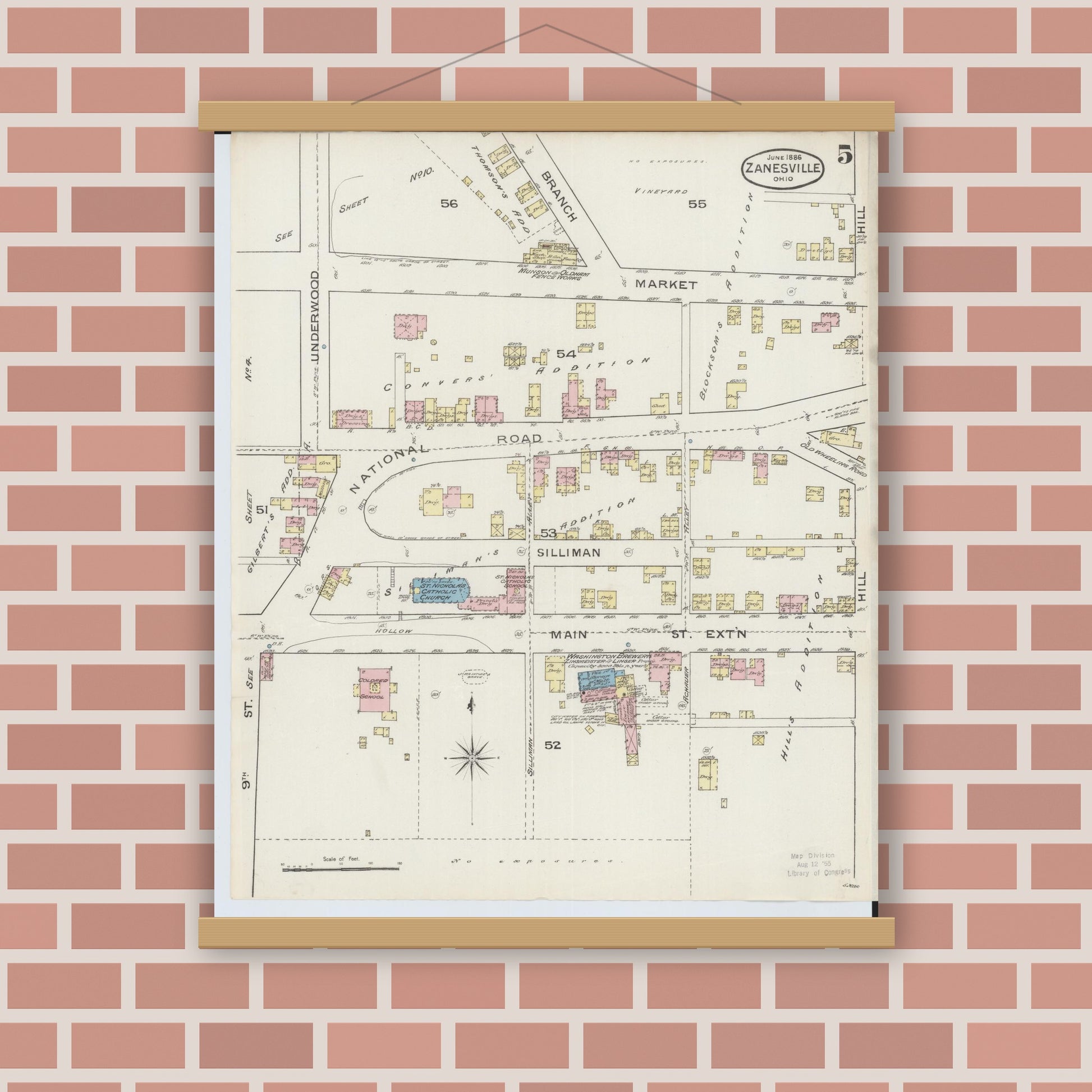 Old map wall art mockup — magnetic wood frame on brick wall — Sanborn Fire Insurance Map from Zanesville, Muskingum County, Ohio (1886), Sheet #0005