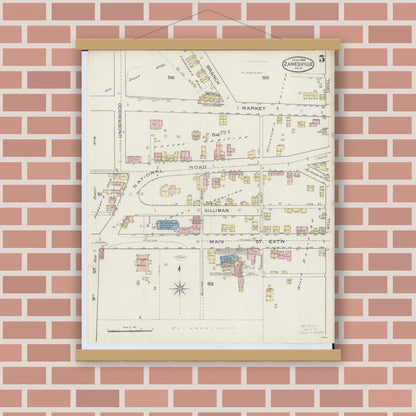 Old map wall art mockup — magnetic wood frame on brick wall — Sanborn Fire Insurance Map from Zanesville, Muskingum County, Ohio (1886), Sheet #0005