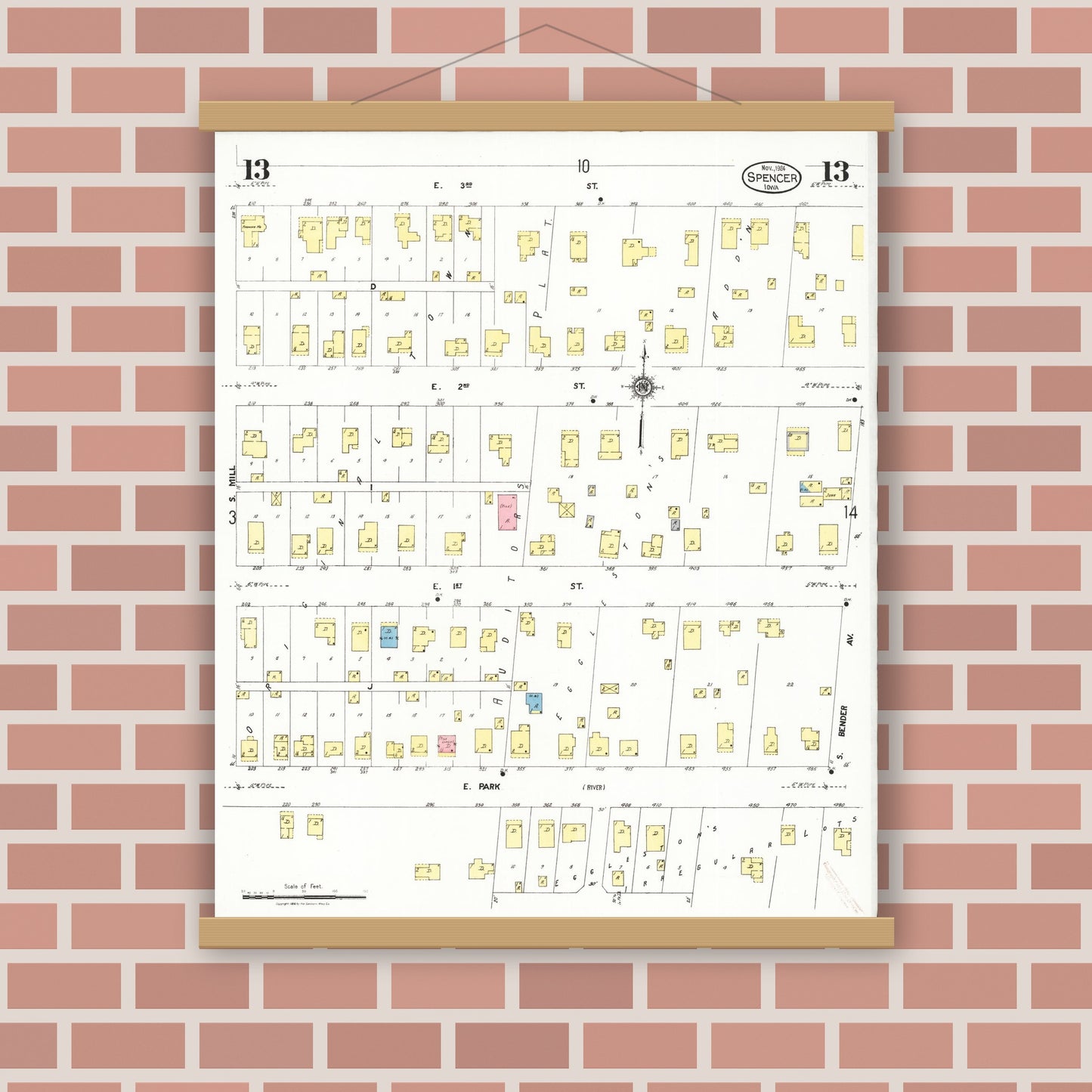 Old map wall art mockup — magnetic wood frame on brick wall — Sanborn Fire Insurance Map from Spencer, Clay County, Iowa (1924), Sheet #0013