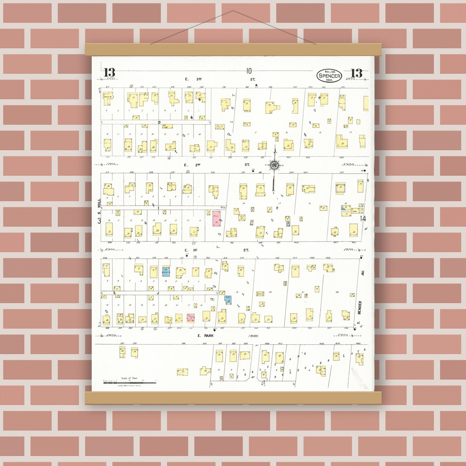 Old map wall art mockup — magnetic wood frame on brick wall — Sanborn Fire Insurance Map from Spencer, Clay County, Iowa (1924), Sheet #0013
