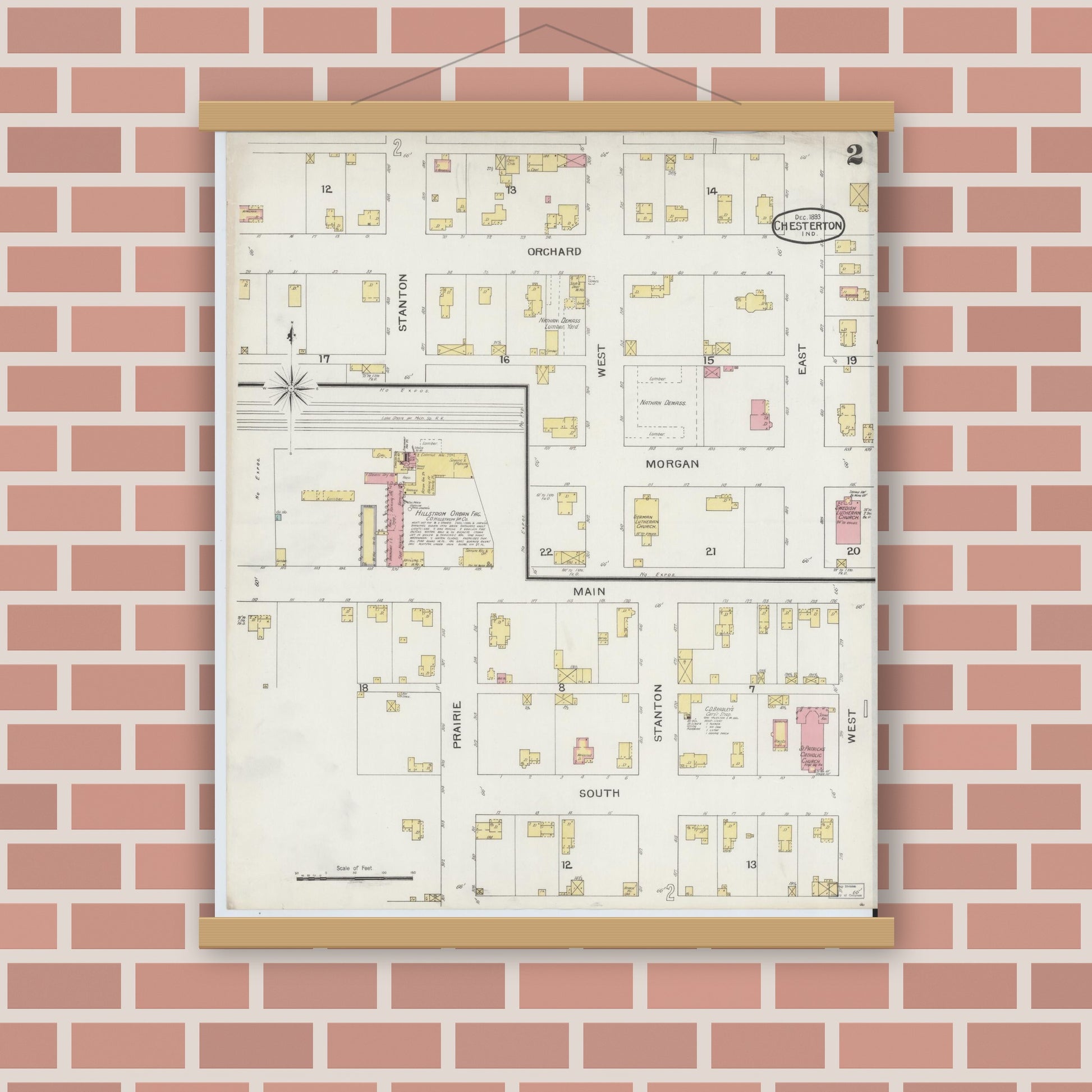 Old map wall art mockup — magnetic wood frame on brick wall — Sanborn Fire Insurance Map from Chesterton, Porter County, Indiana (1893), Sheet #0002