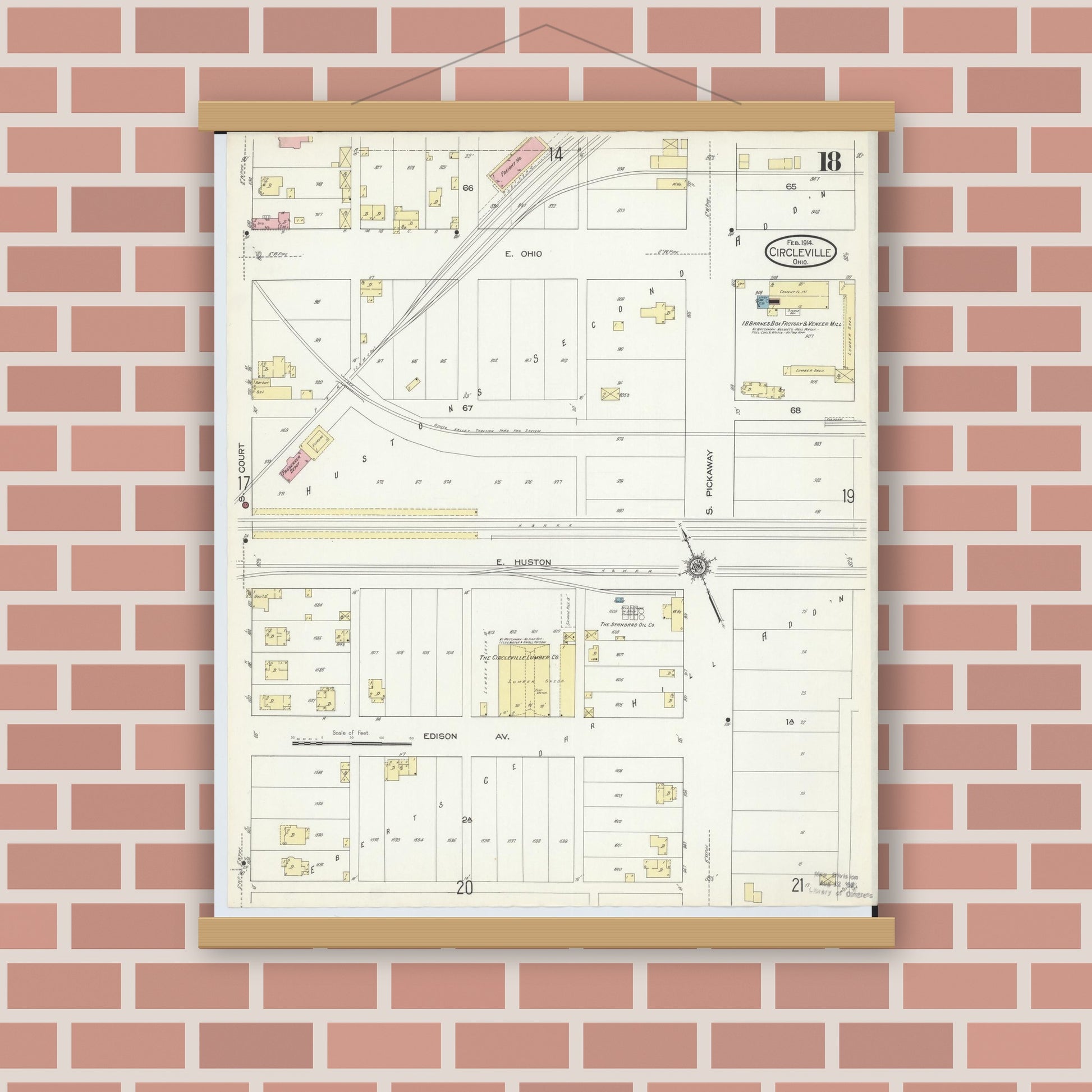 Old map wall art mockup — magnetic wood frame on brick wall — Sanborn Fire Insurance Map from Circleville, Pickaway County, Ohio (1914), Sheet #0018