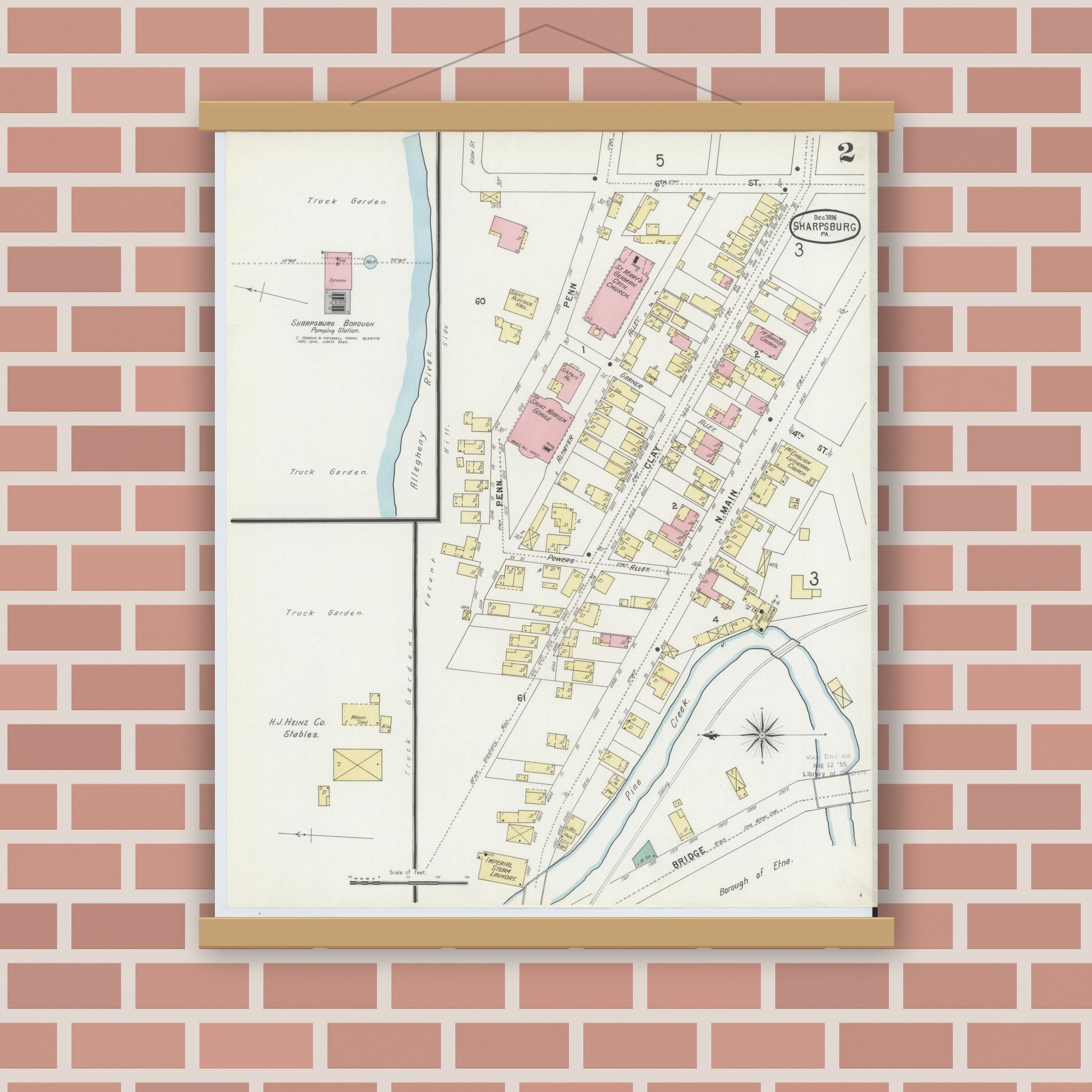 Old map wall art mockup — magnetic wood frame on brick wall — Sanborn Fire Insurance Map from Sharpsburg, Allegheny County, Pennsylvania (1896), Sheet #0002