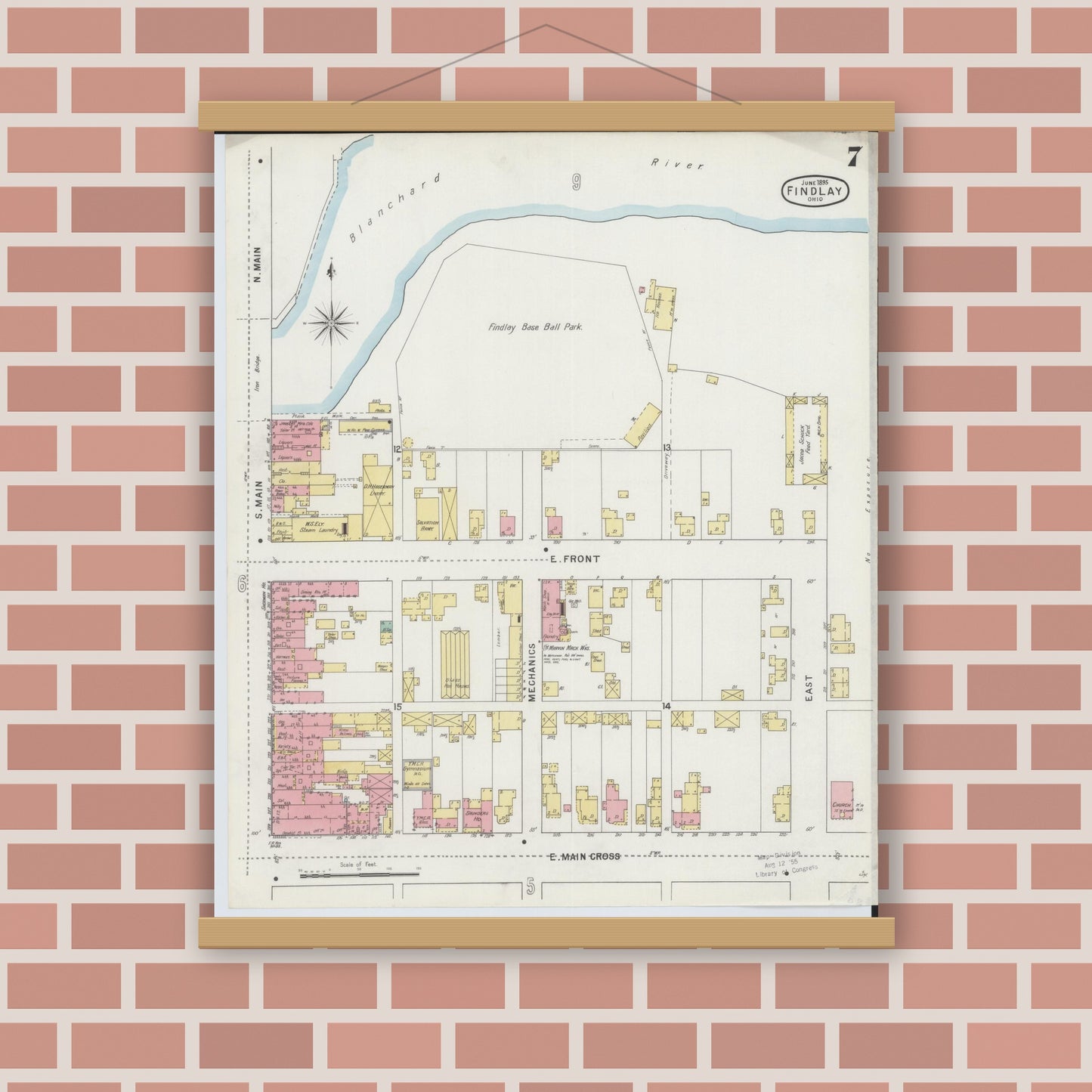 Old map wall art mockup — magnetic wood frame on brick wall — Sanborn Fire Insurance Map from Findlay, Hancock County, Ohio (1895), Sheet #0007