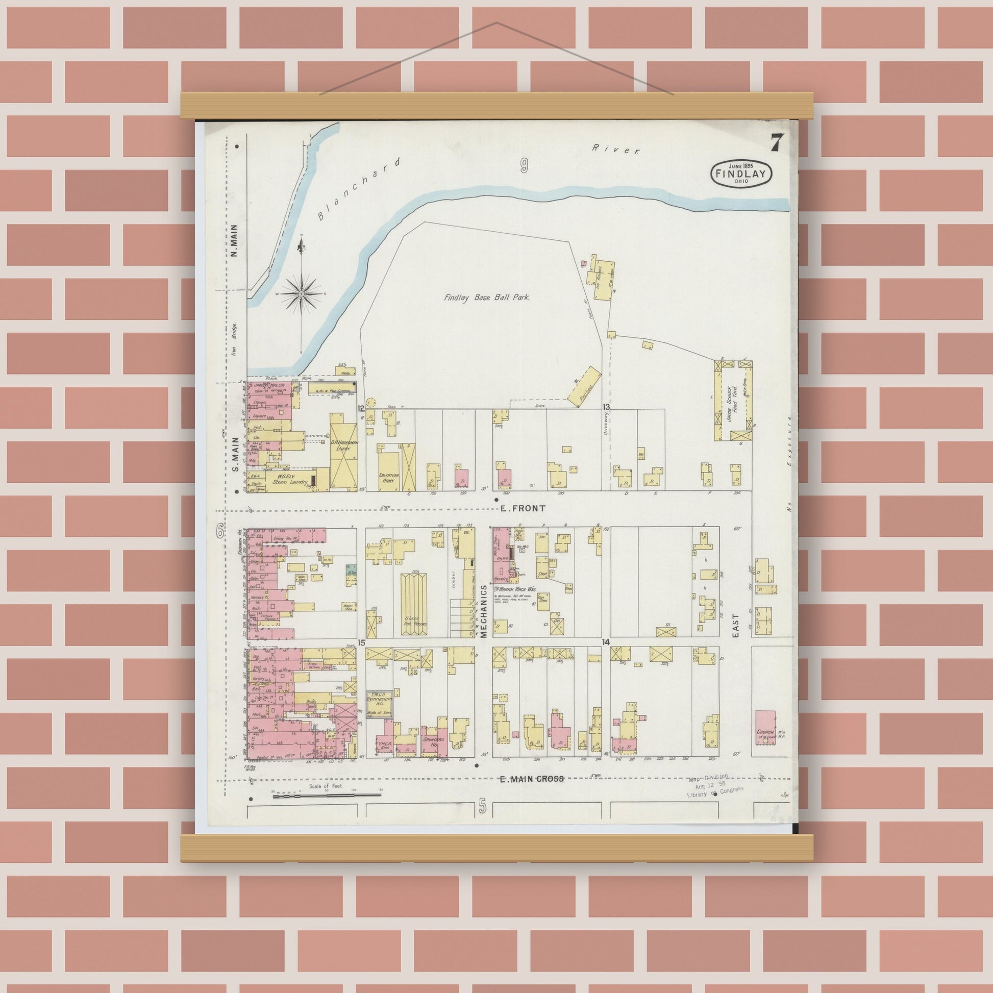 Old map wall art mockup — magnetic wood frame on brick wall — Sanborn Fire Insurance Map from Findlay, Hancock County, Ohio (1895), Sheet #0007