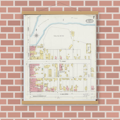 Old map wall art mockup — magnetic wood frame on brick wall — Sanborn Fire Insurance Map from Findlay, Hancock County, Ohio (1895), Sheet #0007