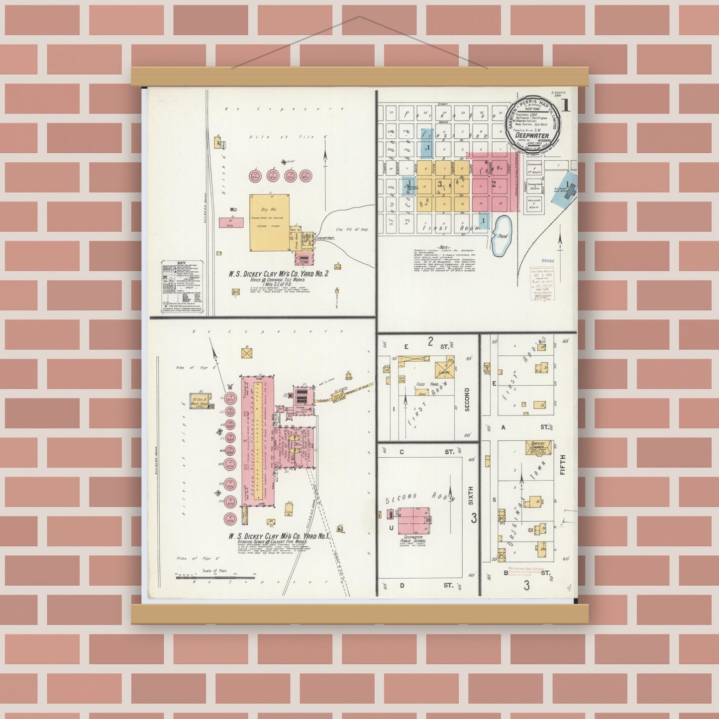 Old map wall art mockup — magnetic wood frame on brick wall — Sanborn Fire Insurance Map from Deepwater, Henry County, Missouri (1900) - Complete Map Set
