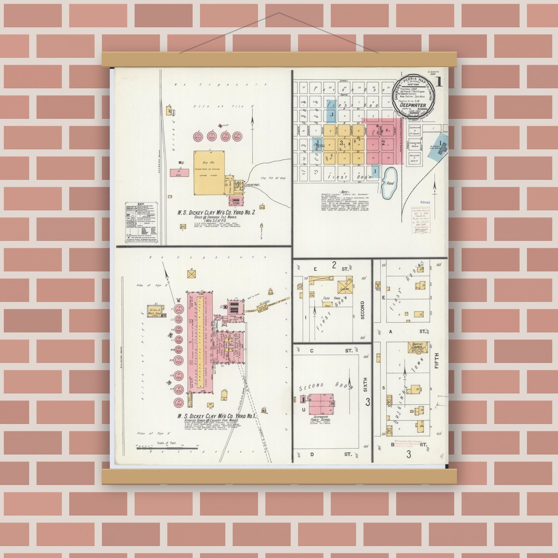 Old map wall art mockup — magnetic wood frame on brick wall — Sanborn Fire Insurance Map from Deepwater, Henry County, Missouri (1900) - Complete Map Set
