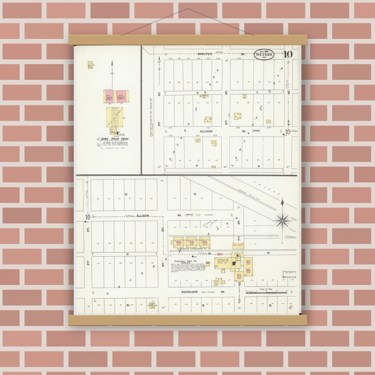 Old map wall art mockup — magnetic wood frame on brick wall — Sanborn Fire Insurance Map from Nevada, Vernon County, Missouri (1906), Sheet #0010