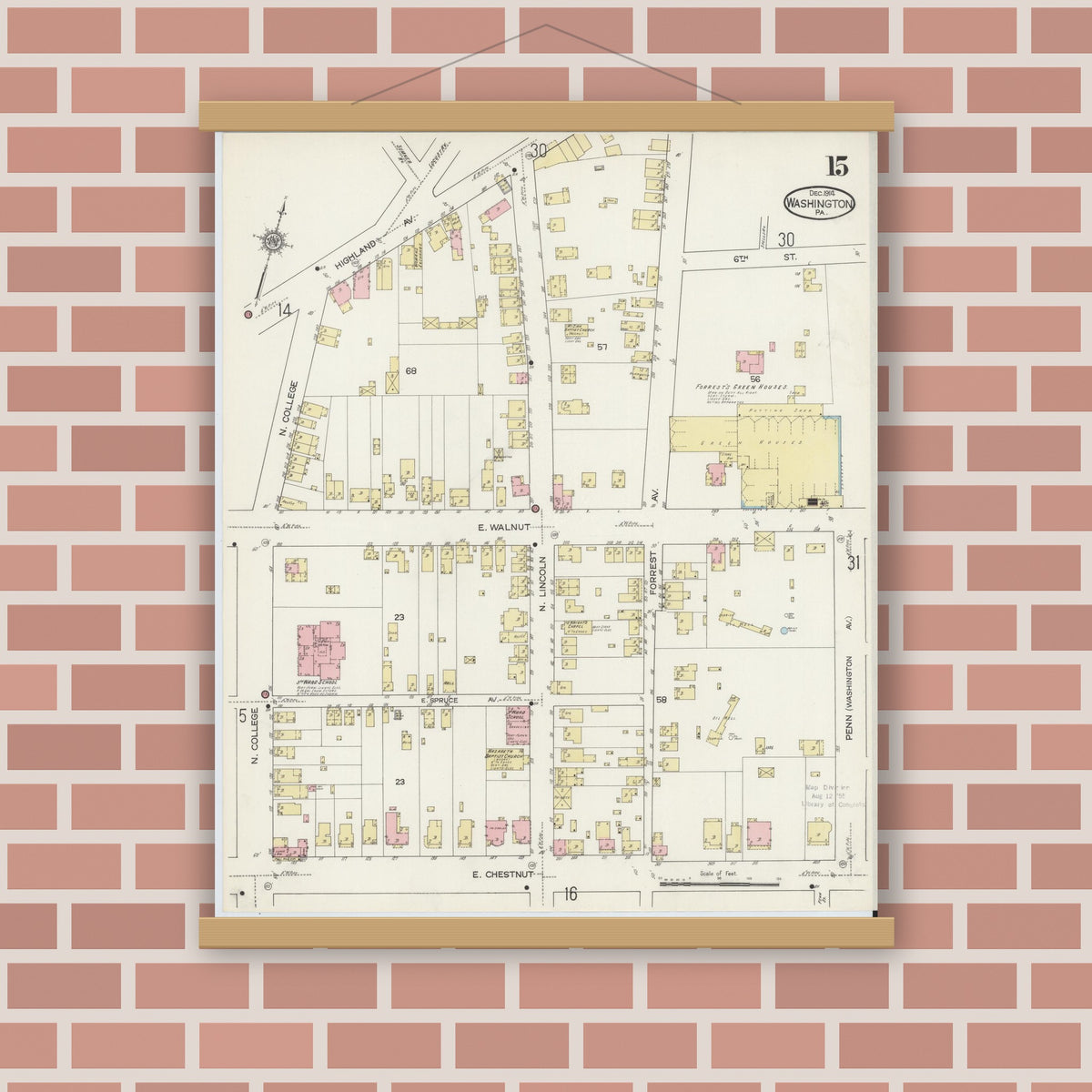 Old map wall art mockup — magnetic wood frame on brick wall — Sanborn Fire Insurance Map from Washington, Washington County, Pennsylvania (1914), Sheet #0015