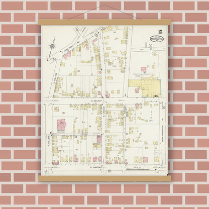 Old map wall art mockup — magnetic wood frame on brick wall — Sanborn Fire Insurance Map from Washington, Washington County, Pennsylvania (1914), Sheet #0015