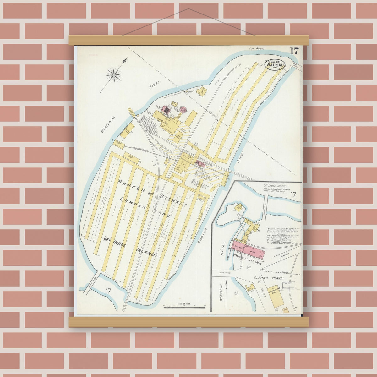 Old map wall art mockup — magnetic wood frame on brick wall — Sanborn Fire Insurance Map from Wausau, Marathon County, Wisconsin (1898), Sheet #0017