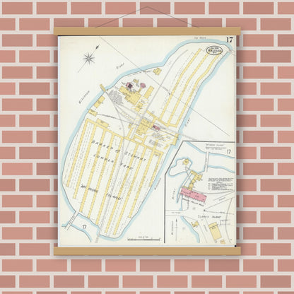 Old map wall art mockup — magnetic wood frame on brick wall — Sanborn Fire Insurance Map from Wausau, Marathon County, Wisconsin (1898), Sheet #0017