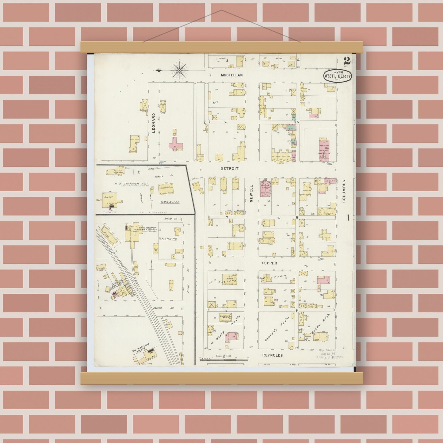 Old map wall art mockup — magnetic wood frame on brick wall — Sanborn Fire Insurance Map from West Liberty, Logan County, Ohio (1896), Sheet #0002