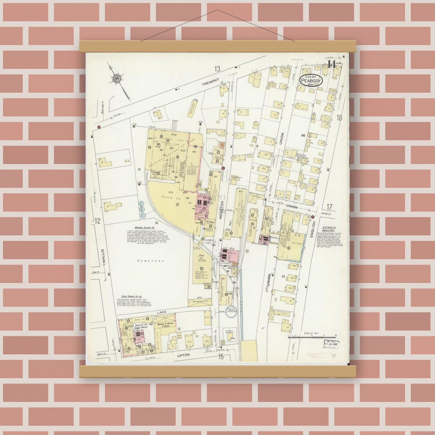 Old map wall art mockup — magnetic wood frame on brick wall — Sanborn Fire Insurance Map from Peabody, Essex County, Massachusetts (1914), Sheet #0014