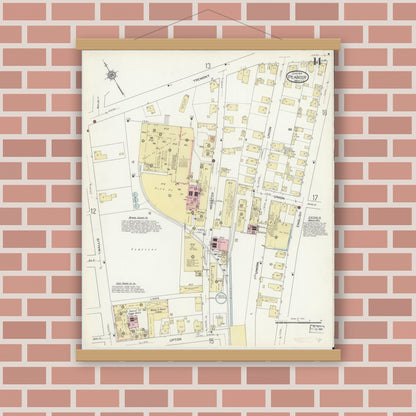 Old map wall art mockup — magnetic wood frame on brick wall — Sanborn Fire Insurance Map from Peabody, Essex County, Massachusetts (1914), Sheet #0014