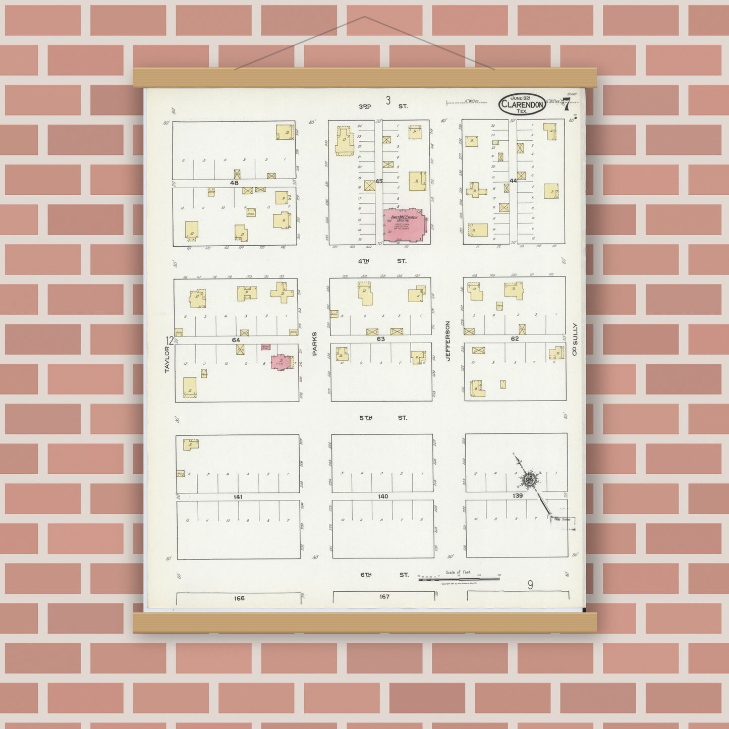 Old map wall art mockup — magnetic wood frame on brick wall — Sanborn Fire Insurance Map from Clarendon, Donley County, Texas (1921), Sheet #0007