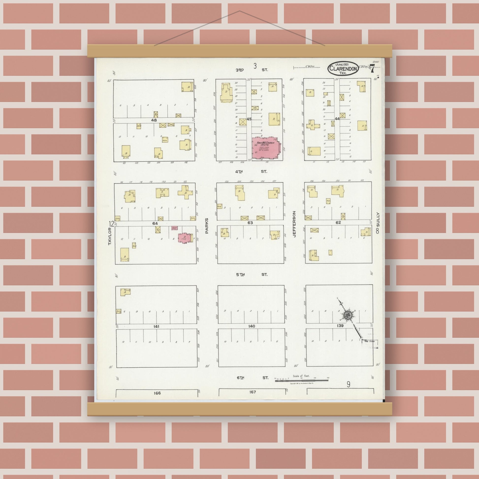 Old map wall art mockup — magnetic wood frame on brick wall — Sanborn Fire Insurance Map from Clarendon, Donley County, Texas (1921), Sheet #0007