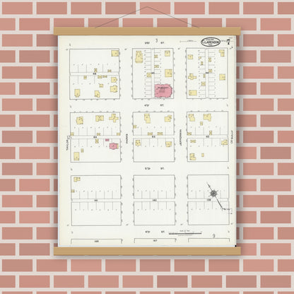 Old map wall art mockup — magnetic wood frame on brick wall — Sanborn Fire Insurance Map from Clarendon, Donley County, Texas (1921), Sheet #0007