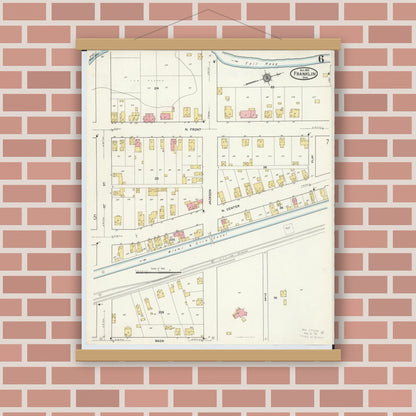 Old map wall art mockup — magnetic wood frame on brick wall — Sanborn Fire Insurance Map from Franklin, Warren County, Ohio (1916), Sheet #0006
