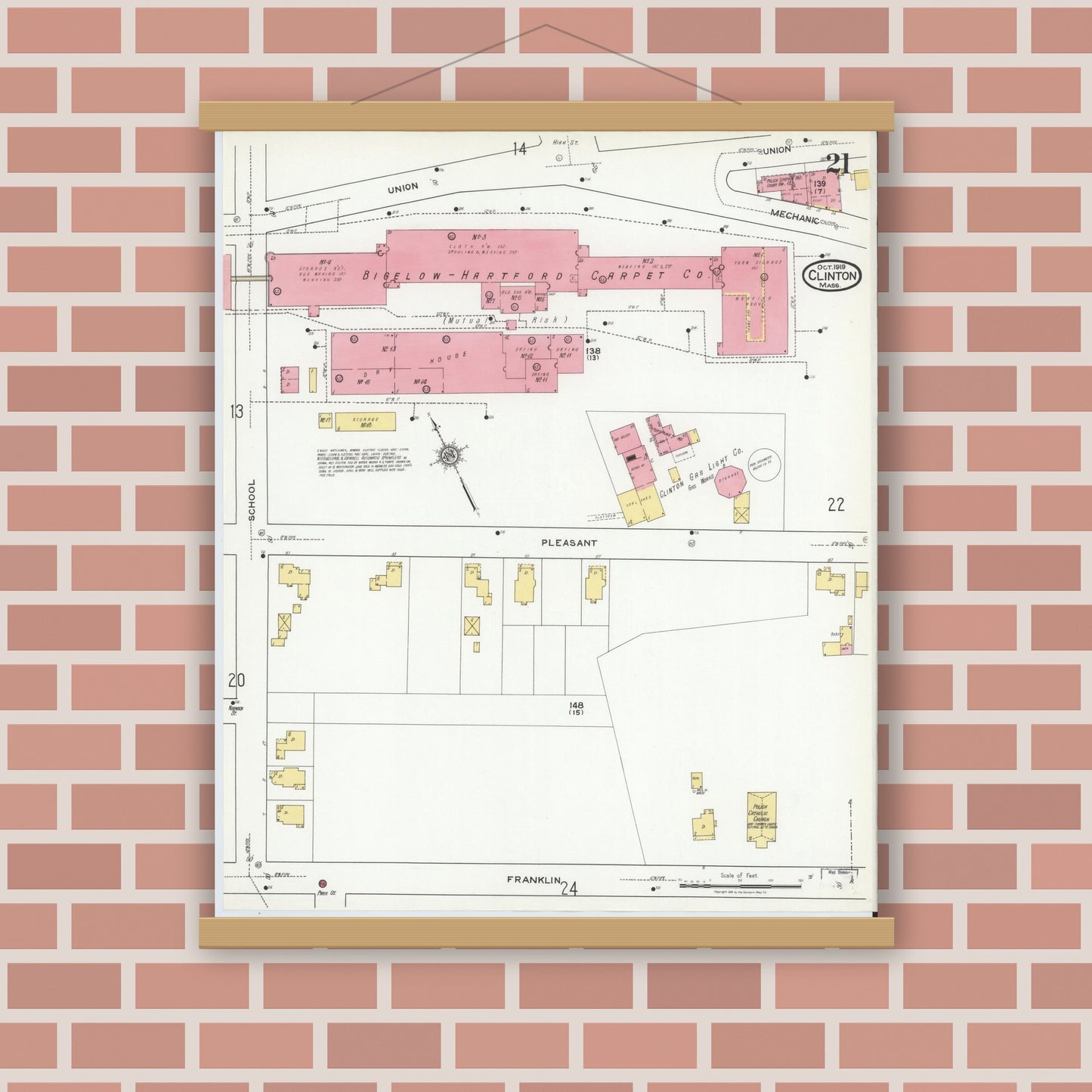 Old map wall art mockup — magnetic wood frame on brick wall — Sanborn Fire Insurance Map from Clinton, Worcester County, Massachusetts (1919), Sheet #0021