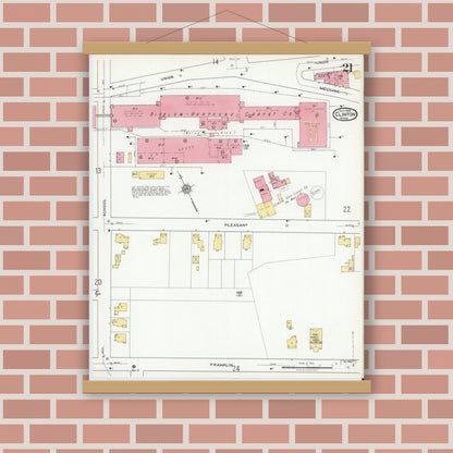 Old map wall art mockup — magnetic wood frame on brick wall — Sanborn Fire Insurance Map from Clinton, Worcester County, Massachusetts (1919), Sheet #0021