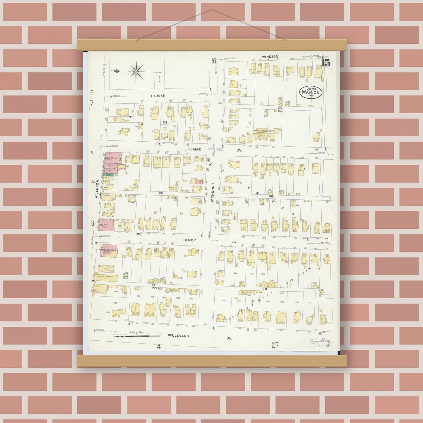 Old map wall art mockup — magnetic wood frame on brick wall — Sanborn Fire Insurance Map from Marion, Marion County, Ohio (1908), Sheet #0015