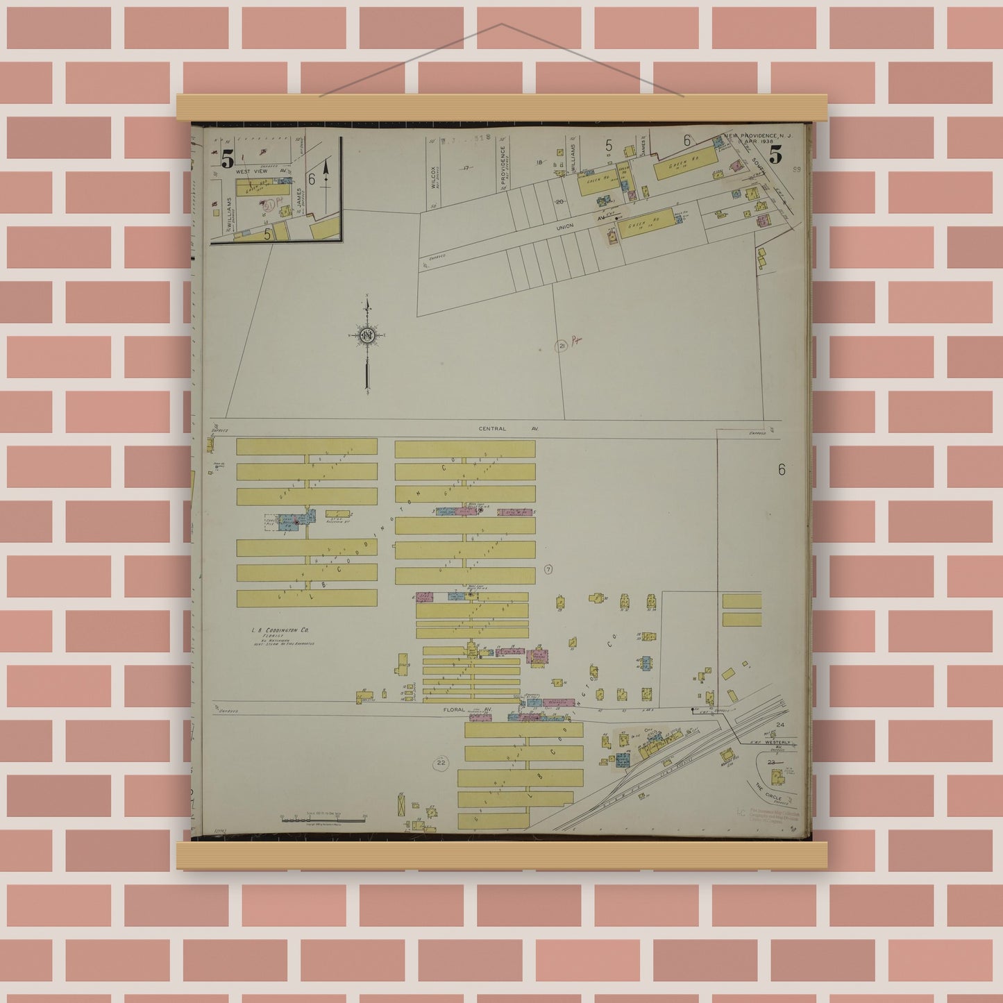 Old map wall art mockup — magnetic wood frame on brick wall — Sanborn Fire Insurance Map from New Providence, Union County, New Jersey (1944), Sheet #0005